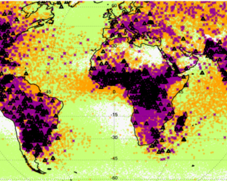 Global distribution of the maximum height of 40 dBZ radar echoes observed within precipitation features (PFs) detected by the GPM satellite’s dual polarization radar over a 4-year period.